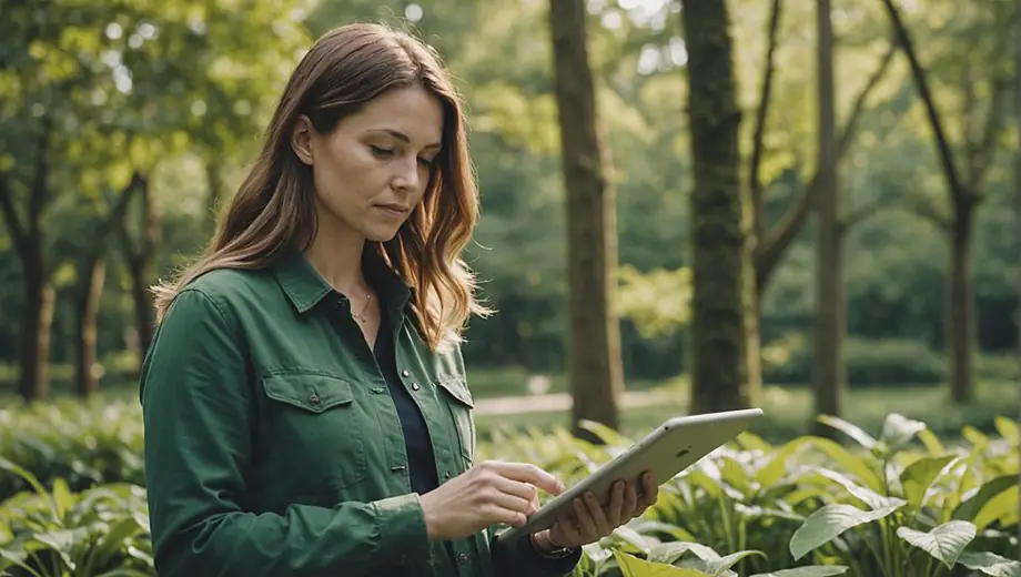 A sustainability consultant stands in a lush green landscape, analyzing environmental data on a tablet while surrounded by trees and plants, emphasizing the importance of eco-friendly practices.
