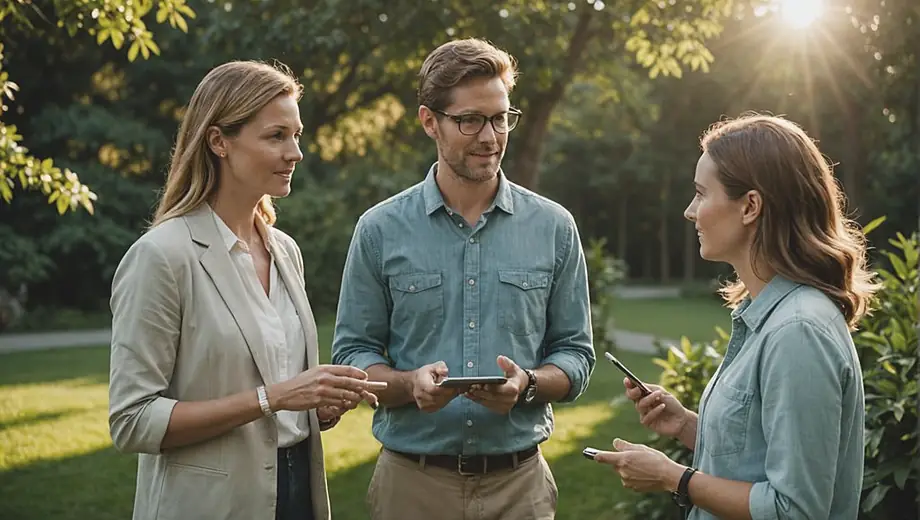 A customer and a professional engage in a discussion on-site, surrounded by greenery, as the professional provides eco consulting advice on sustainable practices and environmental solutions.