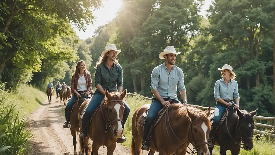 A group of friends enjoying horse riding on a sunny day, laughing and bonding as they navigate a scenic trail through lush greenery.