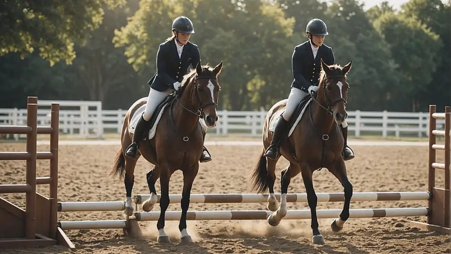 A rider in equestrian training guides a horse through an obstacle course in a sunlit arena, showcasing their skills and dedication.