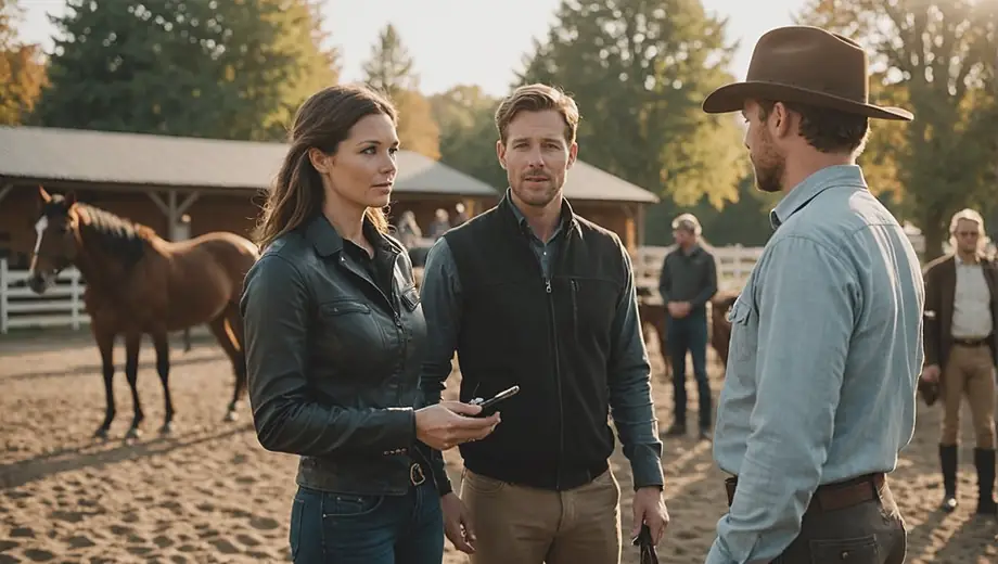 A customer discusses riding techniques with a professional instructor at a riding school, surrounded by horses and training equipment.