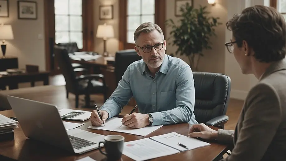 A customer and a professional discuss estate planning at a cozy office, surrounded by documents and a laptop, highlighting a collaborative approach to securing the customer's future.