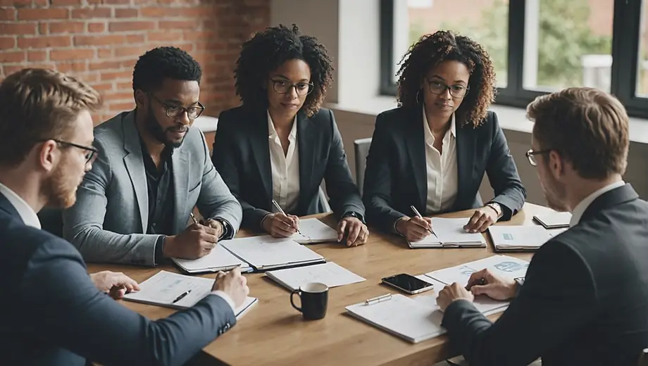 A diverse group of people engaged in a trust planning session, discussing documents and strategies around a table with laptops and notes, showcasing collaboration and financial planning.