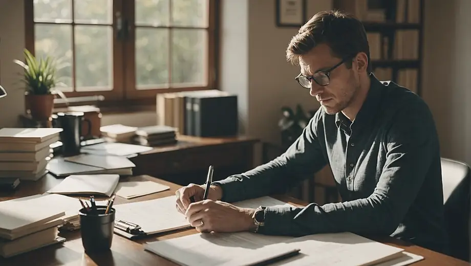 A person sits at a desk, focused on will preparation, surrounded by legal documents and a laptop, deep in thought as they organize their estate plans.