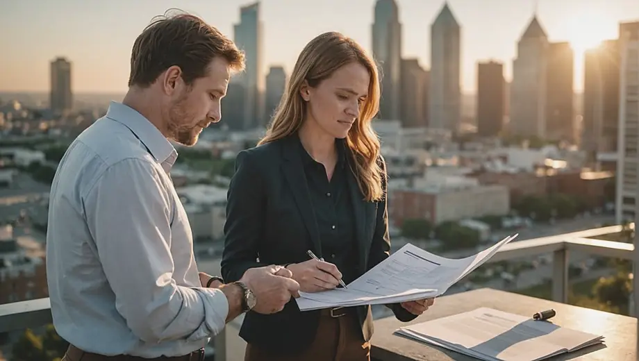 A customer and a professional discuss estate services on-site, reviewing documents and inspecting the property together.
