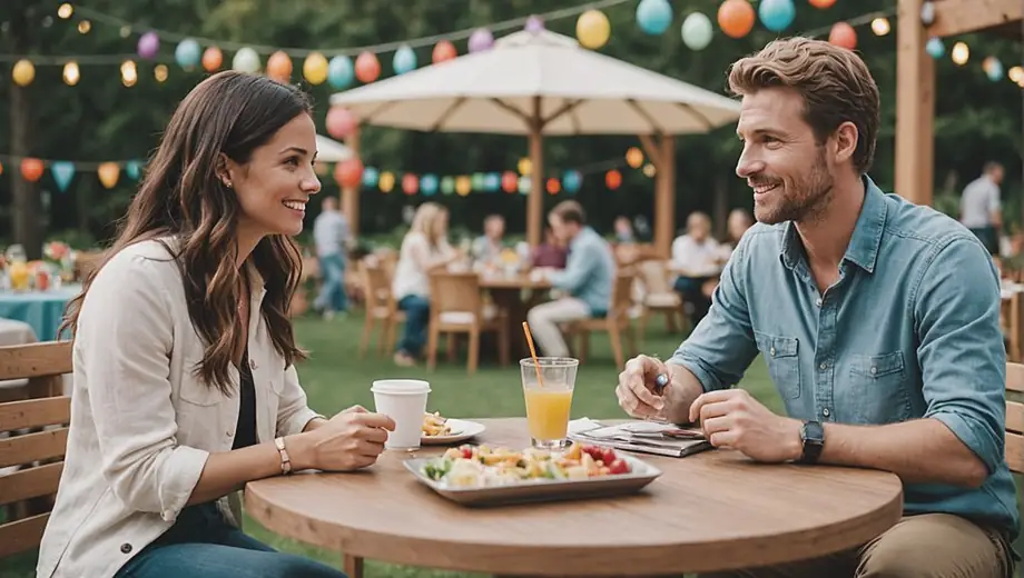 A customer and a professional discuss event planning details at an outdoor venue, surrounded by colorful decorations and seating arrangements.