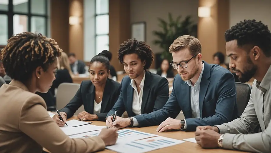 A diverse group of professionals collaborates at a conference table, discussing strategies for effective event management while reviewing schedules and planning materials.