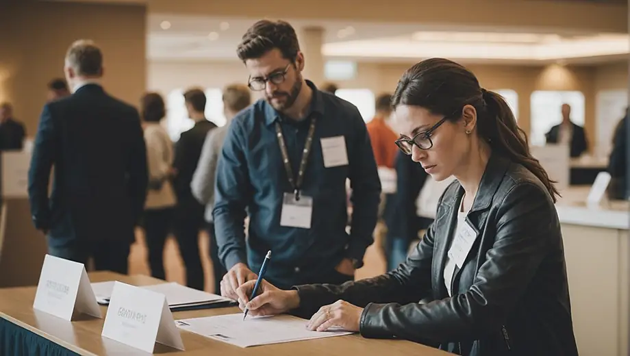 A focused event organizer stands at a registration desk, reviewing attendee lists and preparing materials for an upcoming conference.