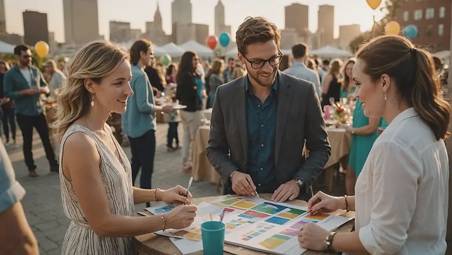 A customer discusses details with a professional party planner on site, surrounded by colorful decorations and planning materials, highlighting the collaborative process of party planning.