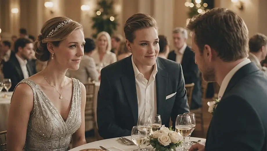 A customer discusses event details with a professional at an elegant event venue, surrounded by beautiful decor and seating arrangements.