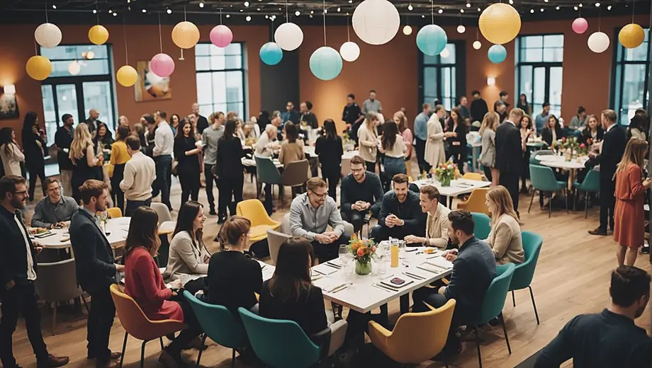 A diverse group of people networking and collaborating in a modern event space, with colorful decorations and seating arrangements that encourage interaction.