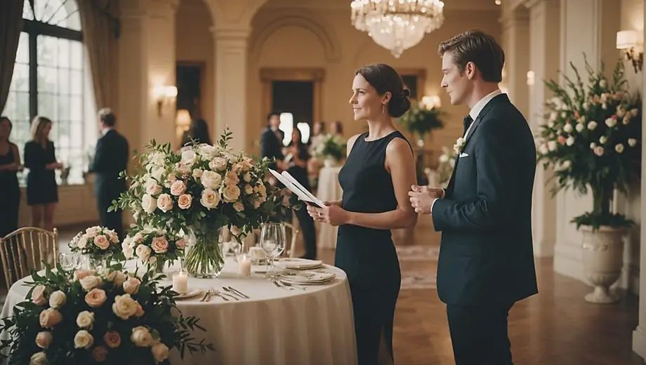 A person stands at a beautifully decorated venue, discussing rental options with a planner amidst elegant floral arrangements and soft lighting.