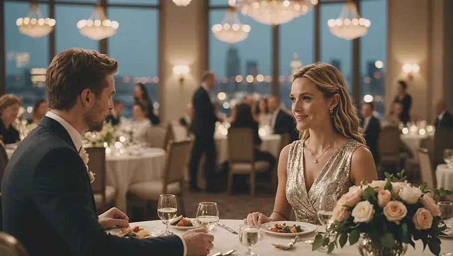 A customer discusses event details with a professional at a beautifully decorated banquet hall, showcasing elegant tables and floral arrangements.