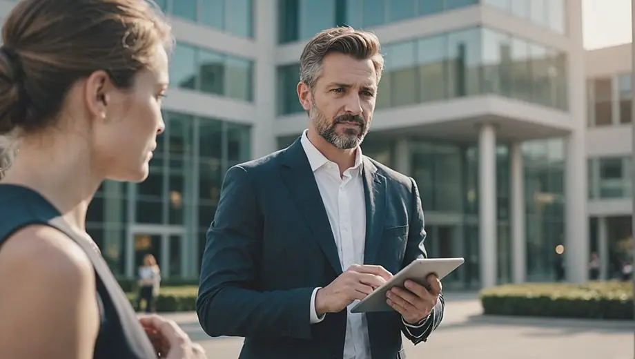 A confident business leader stands in front of a modern office building, discussing strategies with a team while holding a tablet.