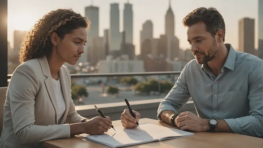 A career coach engages with a client on-site, discussing strategies for professional growth while reviewing a resume and setting goals.