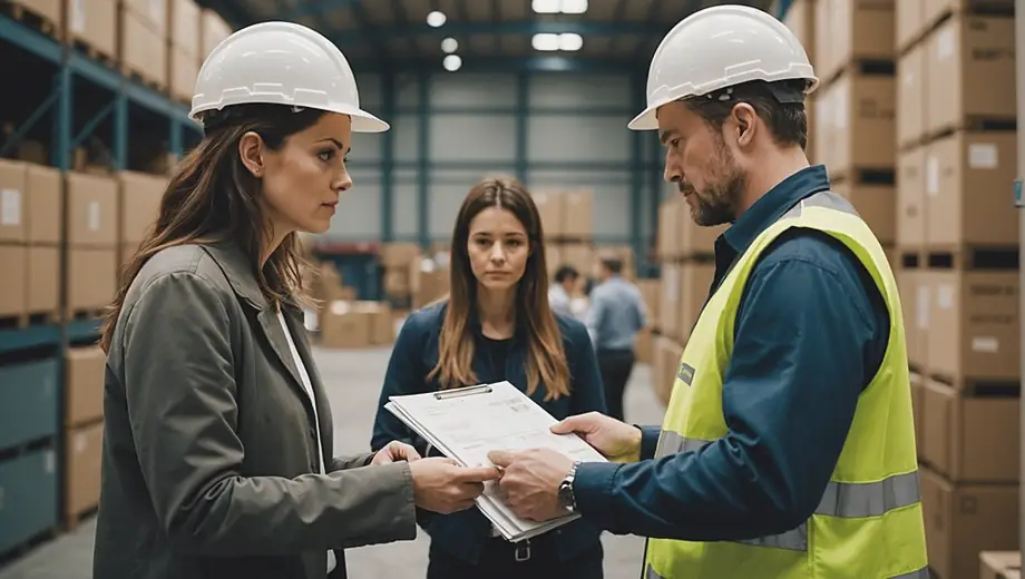 A customer and a professional discuss logistics on-site, reviewing import/export documents and examining shipping containers in a busy warehouse environment.