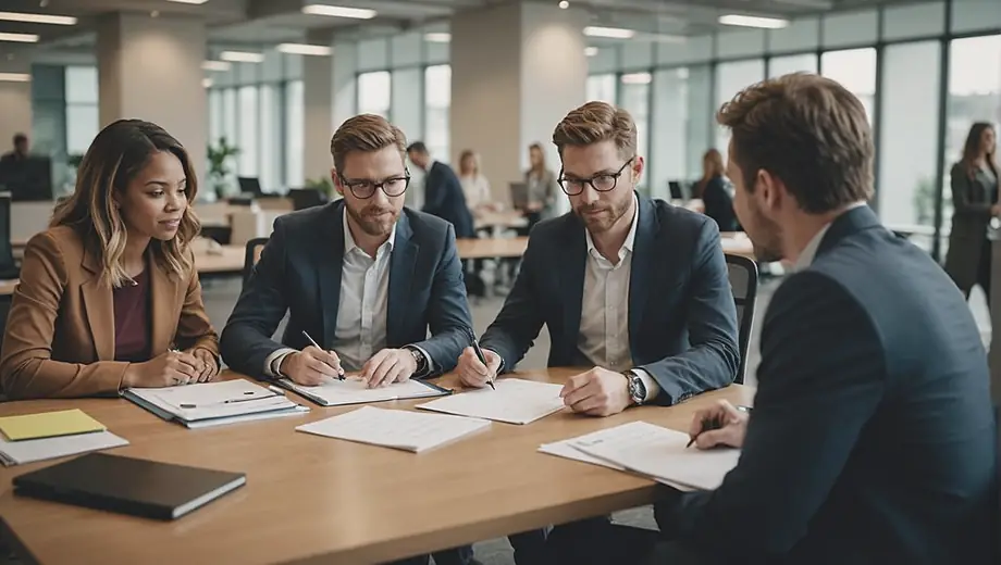 A diverse group of people collaborating in an office setting, discussing strategies for an import service while reviewing documents and digital devices.