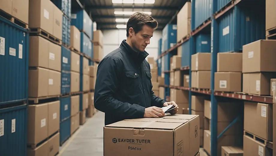 A person stands in a warehouse, inspecting boxes labeled for an export company, with shipping containers visible in the background.
