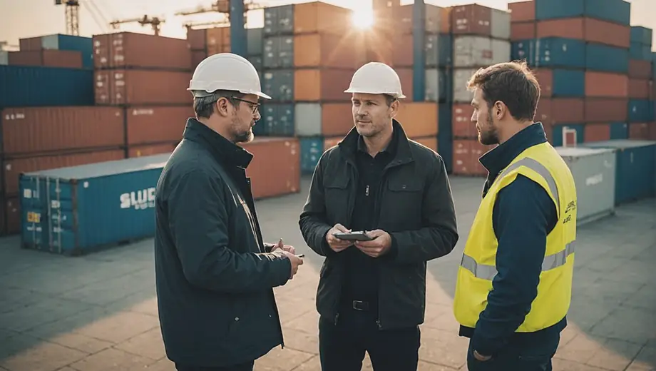 A customer and a professional discuss logistics details on-site, surrounded by shipping containers, highlighting the complexities of global trade.