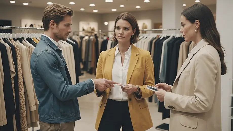A customer and a professional discuss fashion trends on-site, surrounded by stylish clothing displays and vibrant accessories. The professional gestures towards a rack of garments while the customer examines a piece, showcasing a collaborative atmosphere.