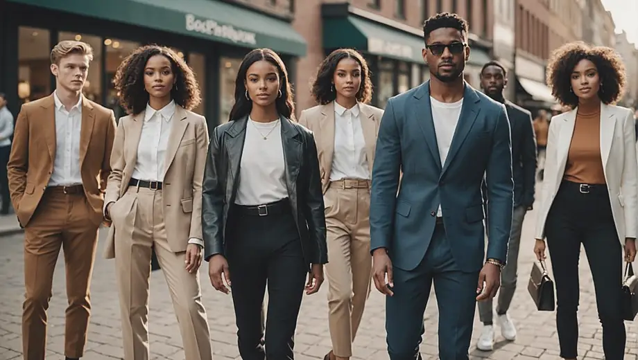 A diverse group of individuals showcasing a fashion brand, dressed in stylish outfits that reflect the latest trends, while posing confidently in an urban setting.
