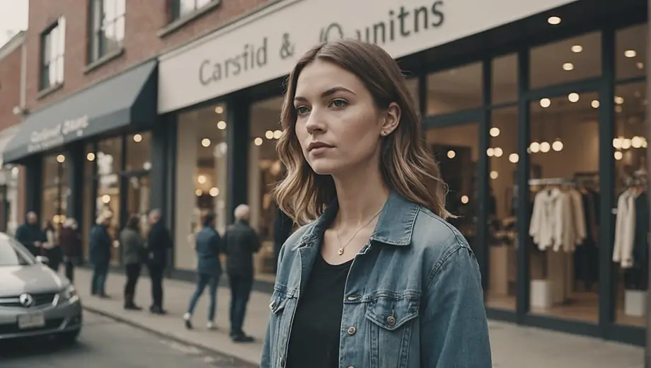 A person stands confidently in front of a clothing company storefront, showcasing a stylish outfit that reflects the brand's unique aesthetic.