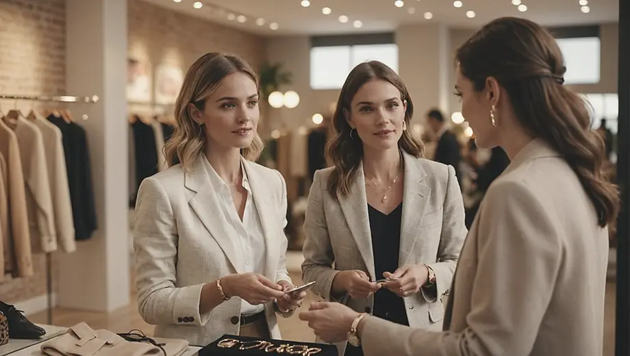 A customer and a professional engage in a personalized consultation at a fashion retail store, surrounded by stylish clothing and accessories.