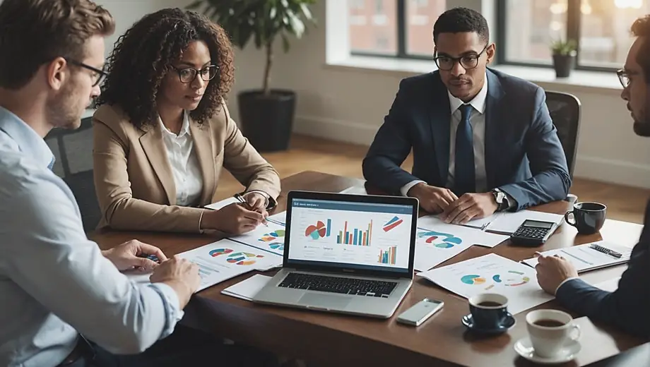 A diverse group of professionals engaged in a discussion about financial services, analyzing charts and graphs on a laptop, with documents and calculators on the table.