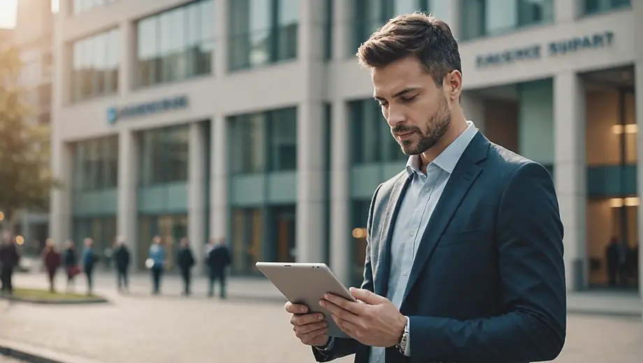 A professional individual stands in front of a modern finance company building, holding a tablet and reviewing financial documents.