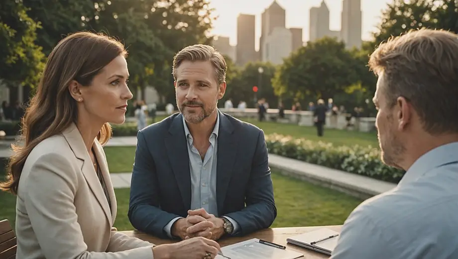 A financial advisor discusses wealth management strategies with a client at an outdoor meeting space, surrounded by greenery and a serene atmosphere.