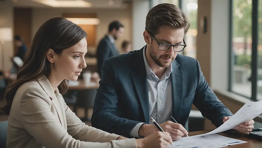 A customer and a financial professional engage in a discussion on-site, reviewing documents and analyzing data to make informed financial decisions.