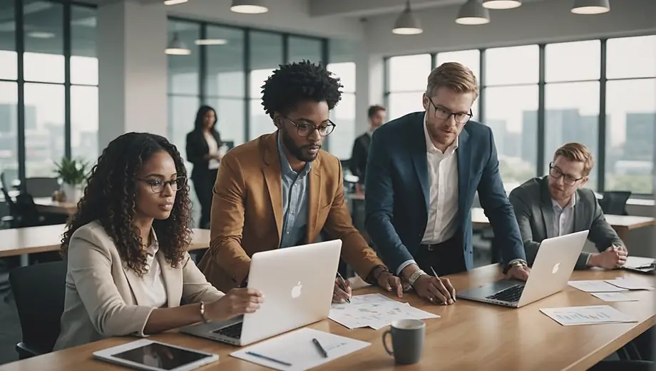 A diverse group of professionals collaborating in a modern office space, discussing financial services while analyzing charts and data on laptops.