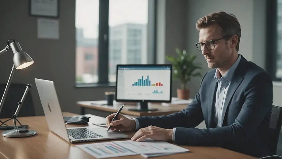 A finance consultant sits at a desk in a modern office, analyzing data on a laptop while reviewing financial reports and charts.