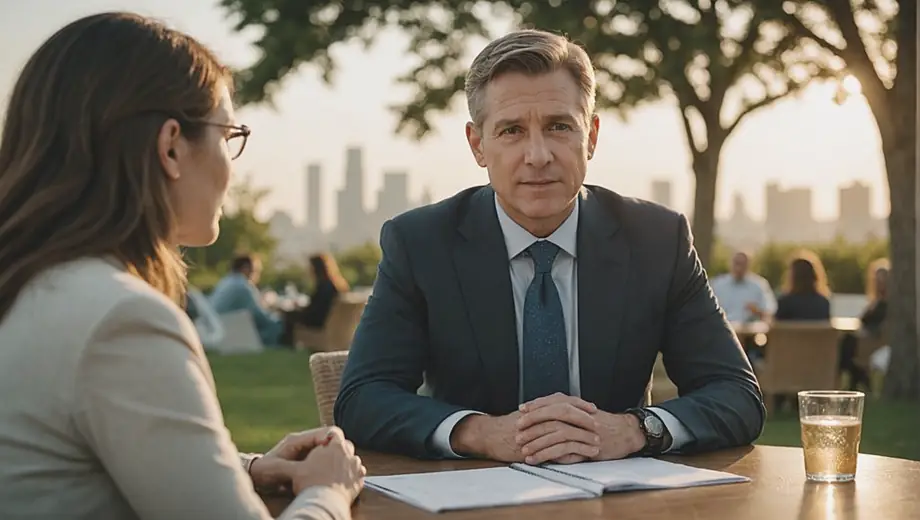 A financial advisor discusses wealth management strategies with a client at an outdoor meeting space, surrounded by greenery and natural light.