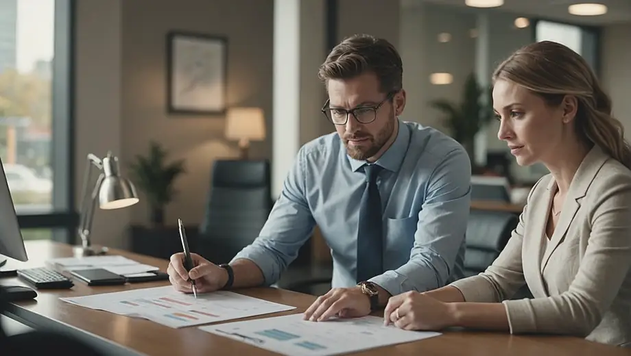 A customer and a financial planning professional engage in a discussion at a modern office, reviewing documents and charts to strategize for future financial goals.