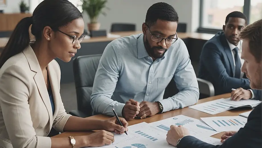 A diverse group of people engaged in a discussion with a financial advisor, reviewing charts and documents in a modern office setting.