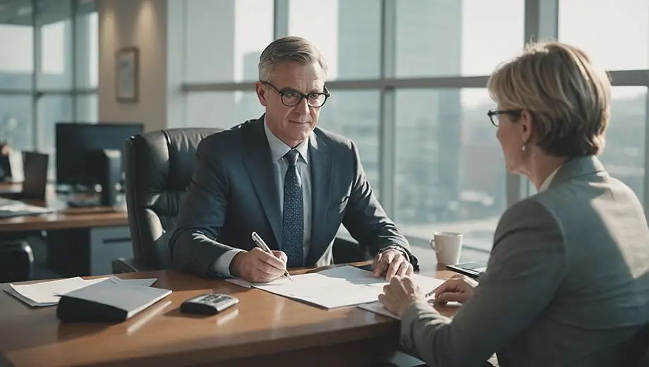 A financial advisor sits at a desk, reviewing documents and discussing retirement planning with a client in a bright, modern office.