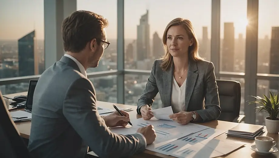 A financial advisor discusses wealth management strategies with a client at a modern office, surrounded by charts and financial documents.