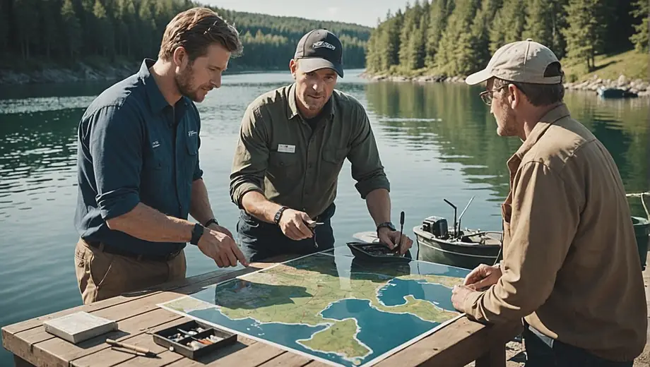 A customer and a professional discuss fisheries management on-site, surrounded by fishing equipment and water. The customer appears engaged while the professional points to a map, highlighting key areas for sustainable practices.