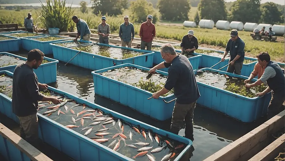 A group of people engaged in fish farming, tending to large tanks filled with fish, while discussing feeding techniques and water quality management.