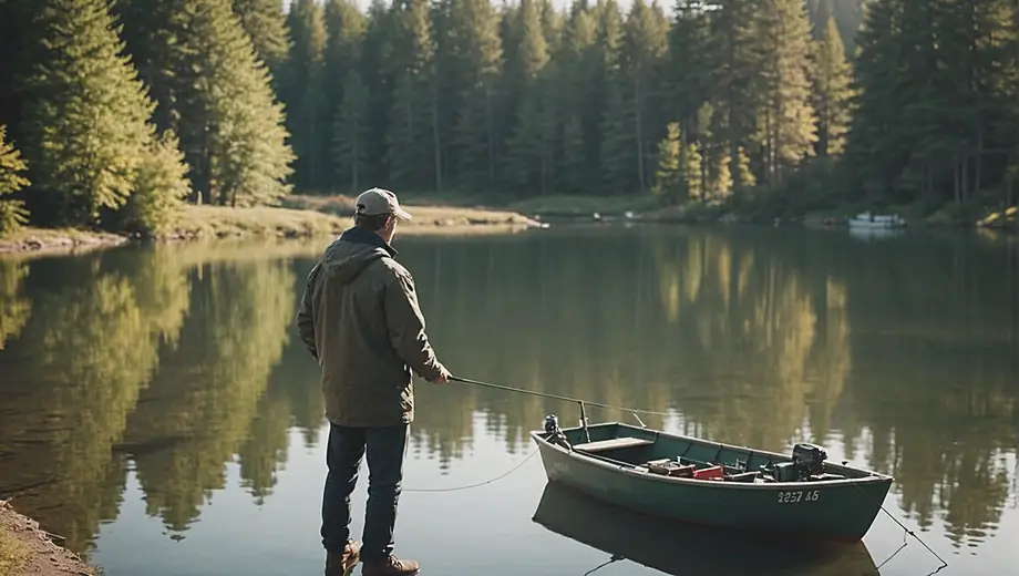 A person stands by a tranquil lake, casting a fishing line into the water, showcasing their fishing business with a small boat and gear nearby.