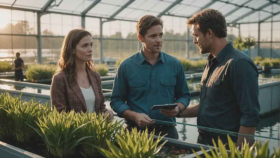 A customer and a professional discuss aquaculture practices on-site, surrounded by fish tanks and aquatic plants, showcasing a collaborative approach to sustainable fish farming.