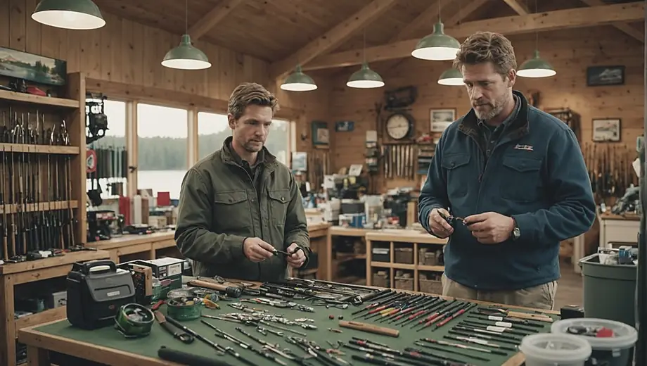 A customer discusses fishing gear options with a professional at a lakeside shop, surrounded by various rods, reels, and tackle boxes.