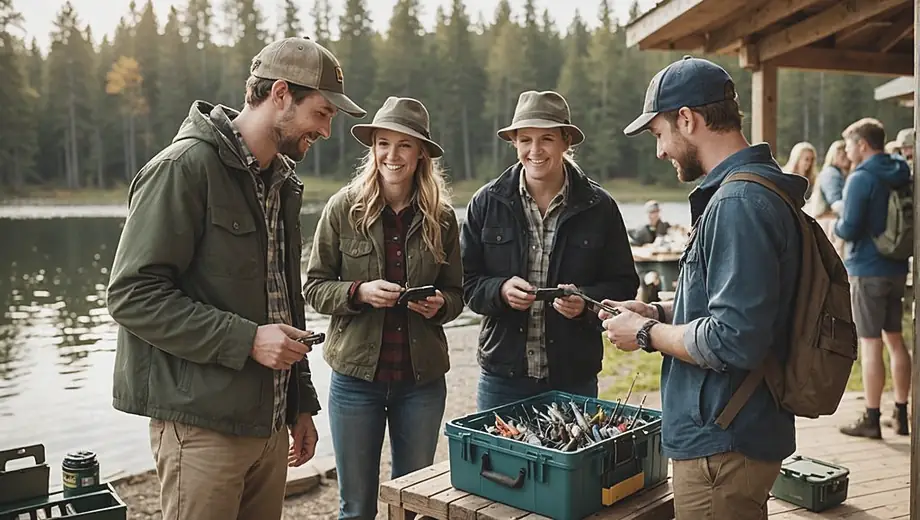 A group of friends gathers at a lakeside shop, browsing various fishing supplies like rods, tackle boxes, and bait, excitedly discussing their plans for the day.