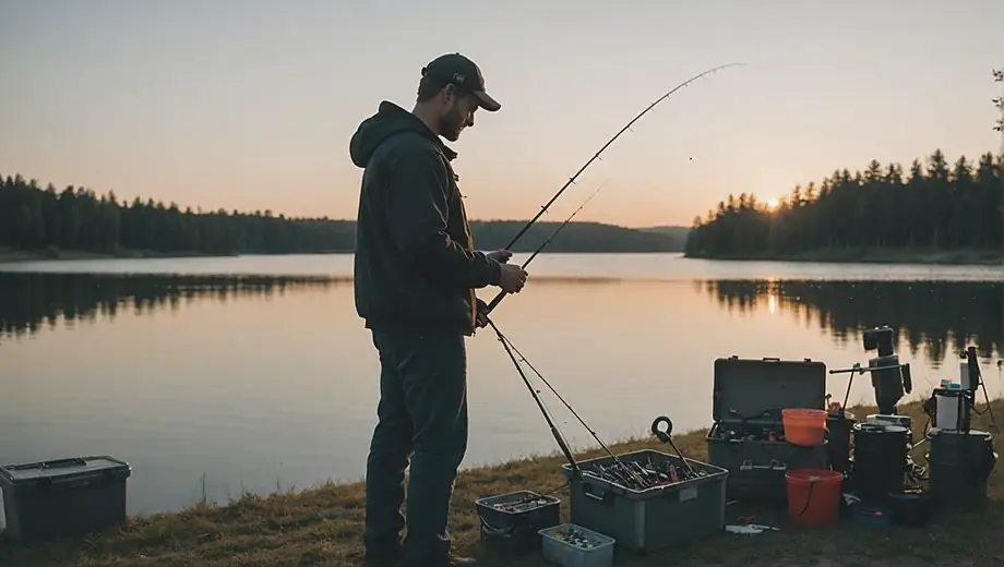A person stands by a serene lake, carefully organizing their fishing equipment, including rods, tackle boxes, and bait, as the sun sets in the background.