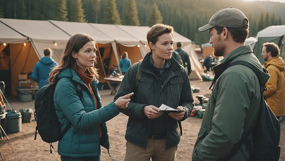 A customer and a professional engage in conversation outside an outdoor store, surrounded by camping gear and hiking equipment, as the sun sets in the background.