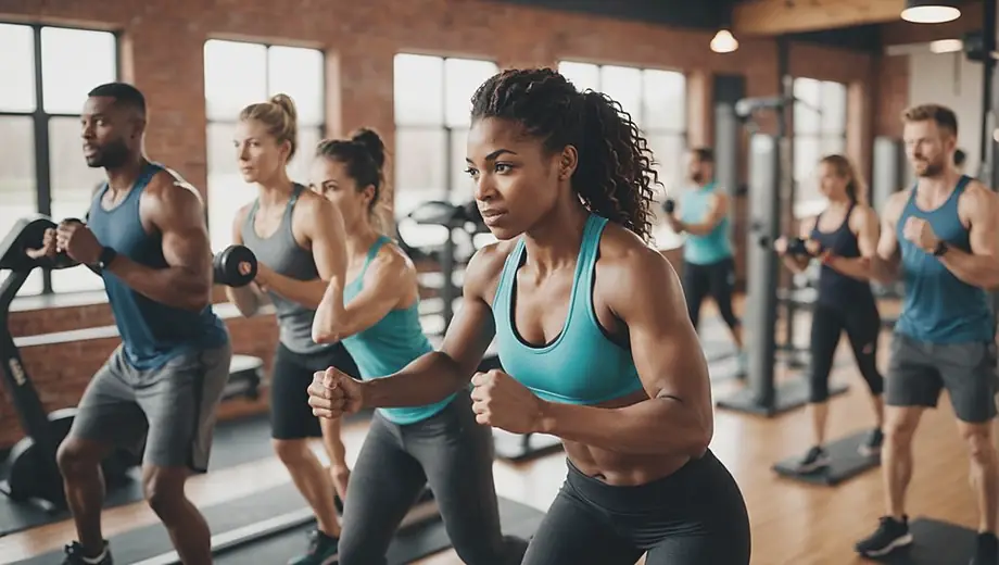 A diverse group of individuals engaged in various workouts at a fitness center, showcasing strength training, cardio exercises, and group classes in a vibrant and motivating environment.