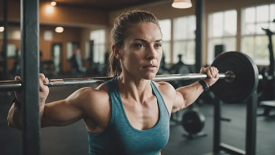 A person exercising in a gym, focused on lifting weights with determination.