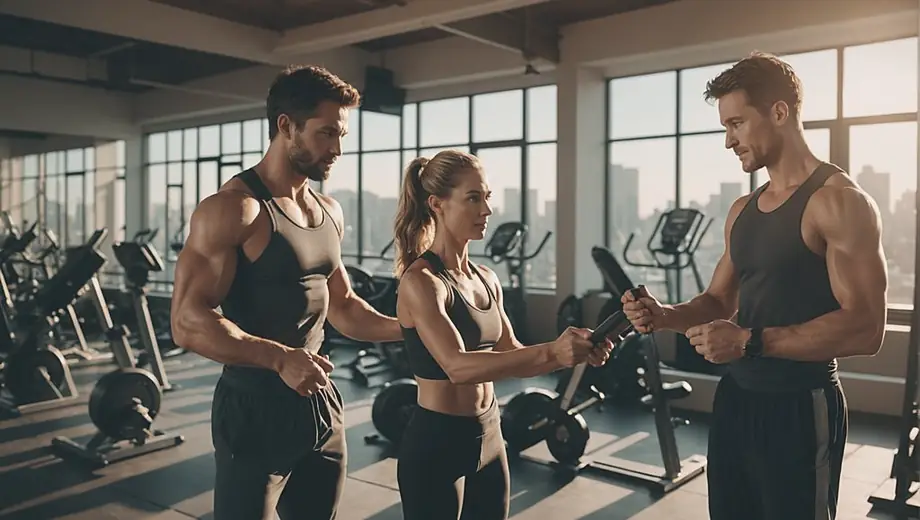 A fitness studio scene showing a customer receiving personalized training advice from a professional, both engaged in a workout session surrounded by exercise equipment.