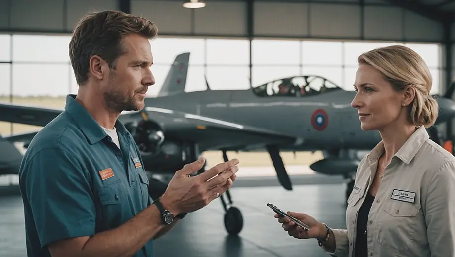 A customer and a professional instructor engage in a hands-on discussion at a flight school, surrounded by training aircraft and aviation equipment.